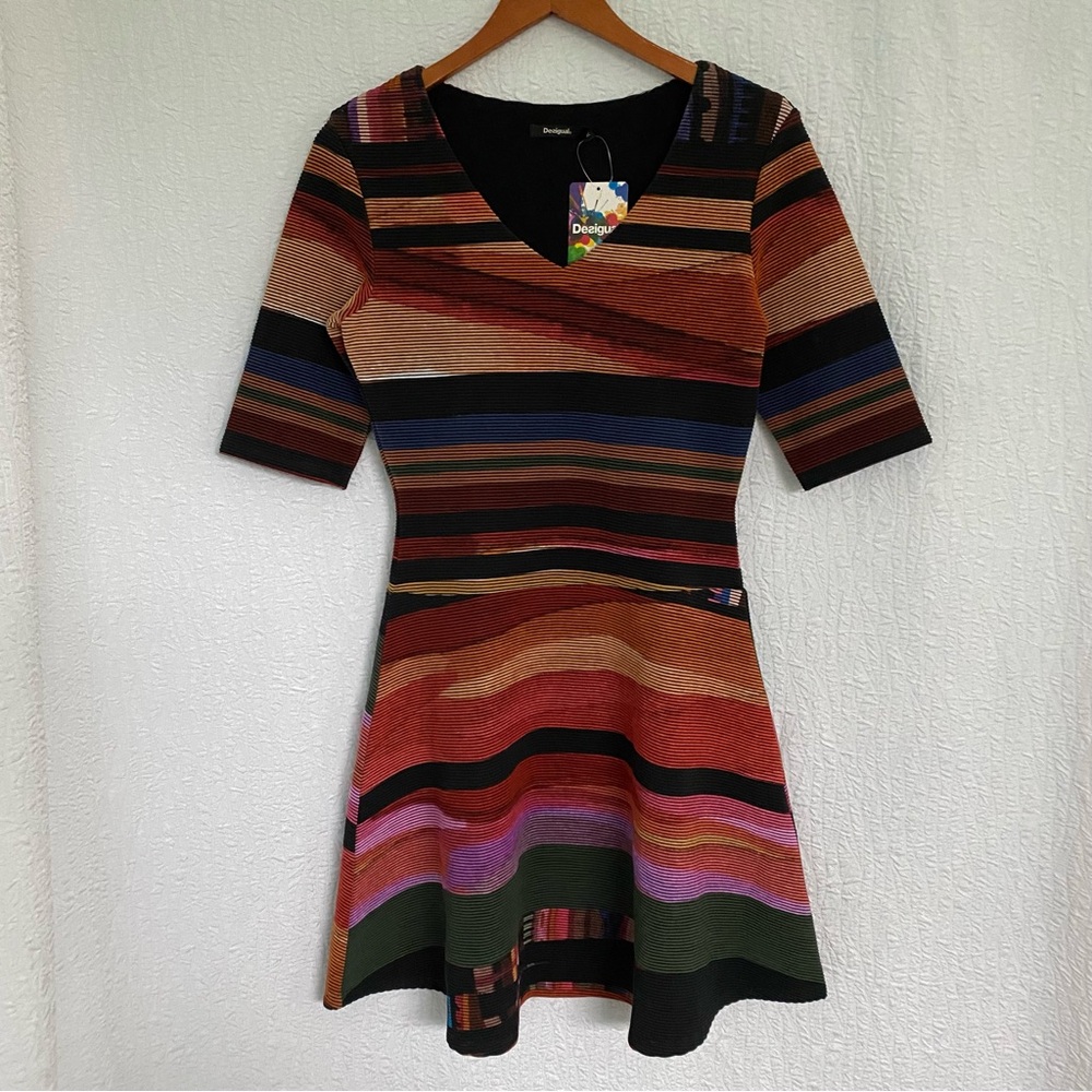 Desigual Striped V-Neck Fit-&-Flare Dress in Black, Rust & Olive Short Sleeve